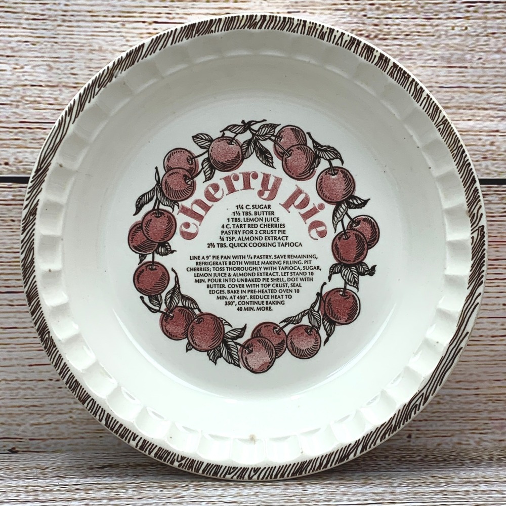 Vintage Cherry Pie Recipe Ceramic Stoneware Pie Plate Dish Made in USA
